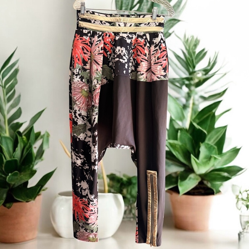 Custom Tov Los Angeles Floral Drop Crotch Harem Festival Pants with Gold Accents